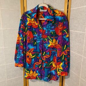 Joan Walters Vintage 80s 90s Bold Floral Abstract Button Up Blouse Multicolor‎